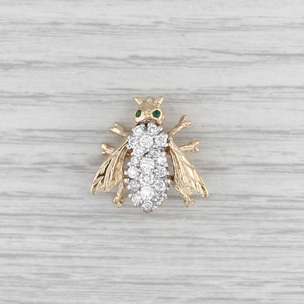 Vintage 0.46ctw Diamond Emerald Bee Brooch 14k Yellow White Gold Pin