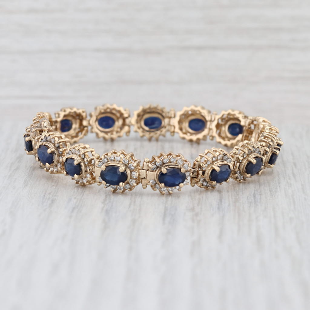 11.54ctw Blue Sapphire Diamond Halo Tennis Bracelet 14k Yellow Gold 7.25"