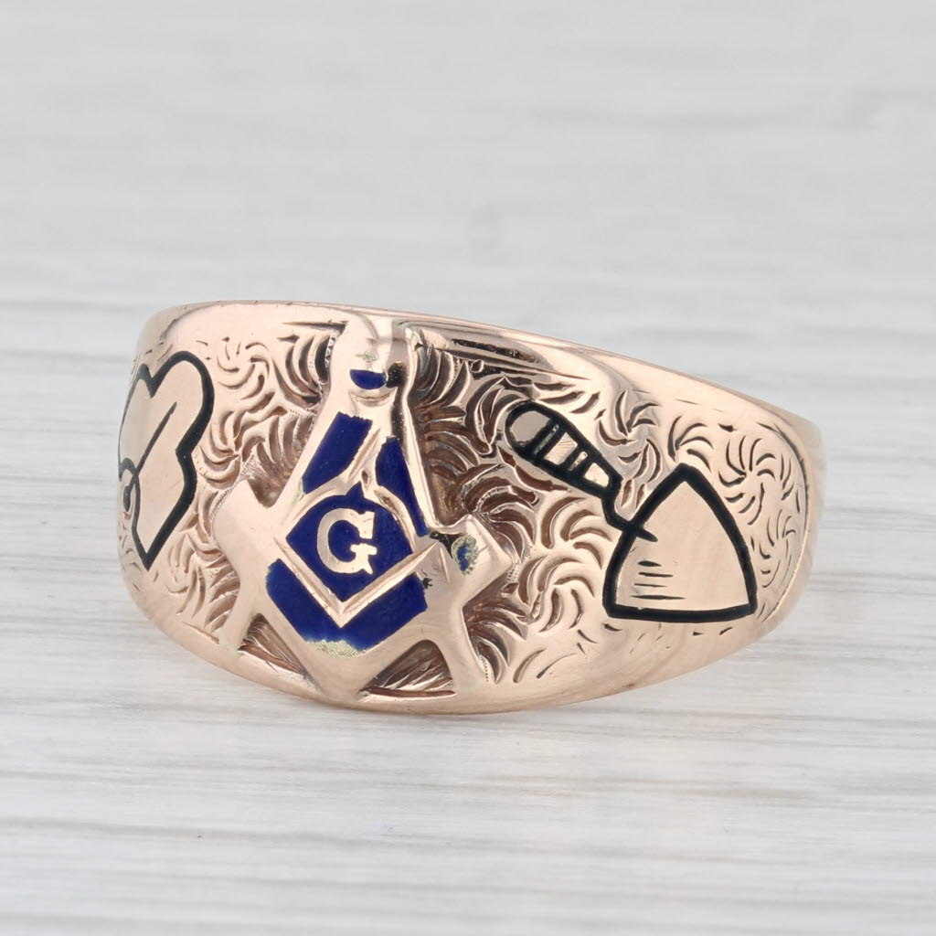 Light Gray Vintage Masonic Signet Ring 10k Gold Sz 9 Cigar Band Blue Lodge Square Compass