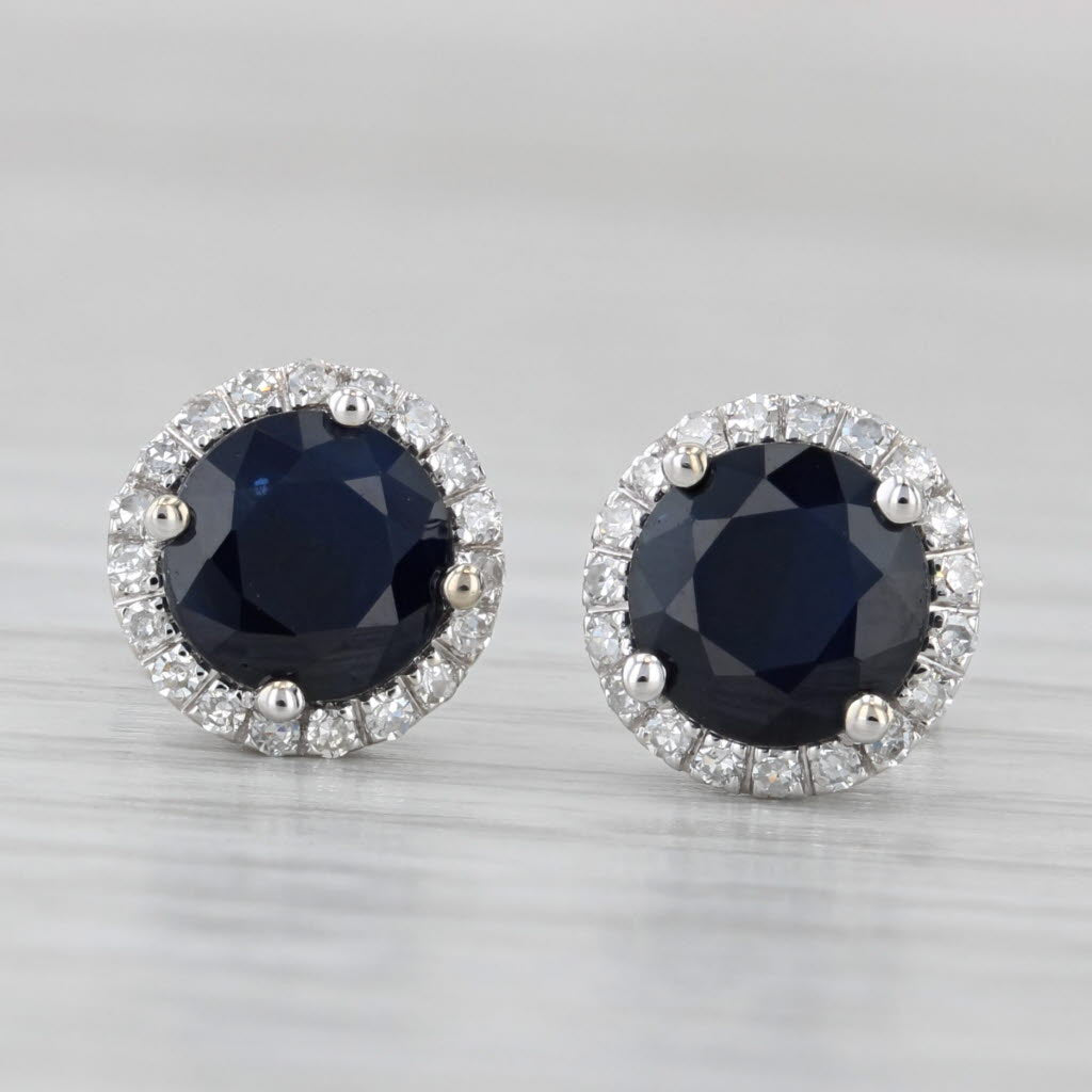 Light Gray 2.35ctw Blue Sapphire Diamond Halo Stud Earrings 14k White Gold Oro Leoni Cert