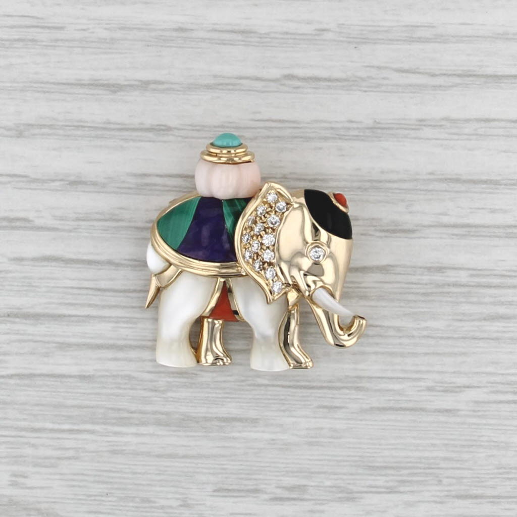 Asch Grossbardt Ornate Stone Mosaic Elephant Brooch 14k Gold Diamond