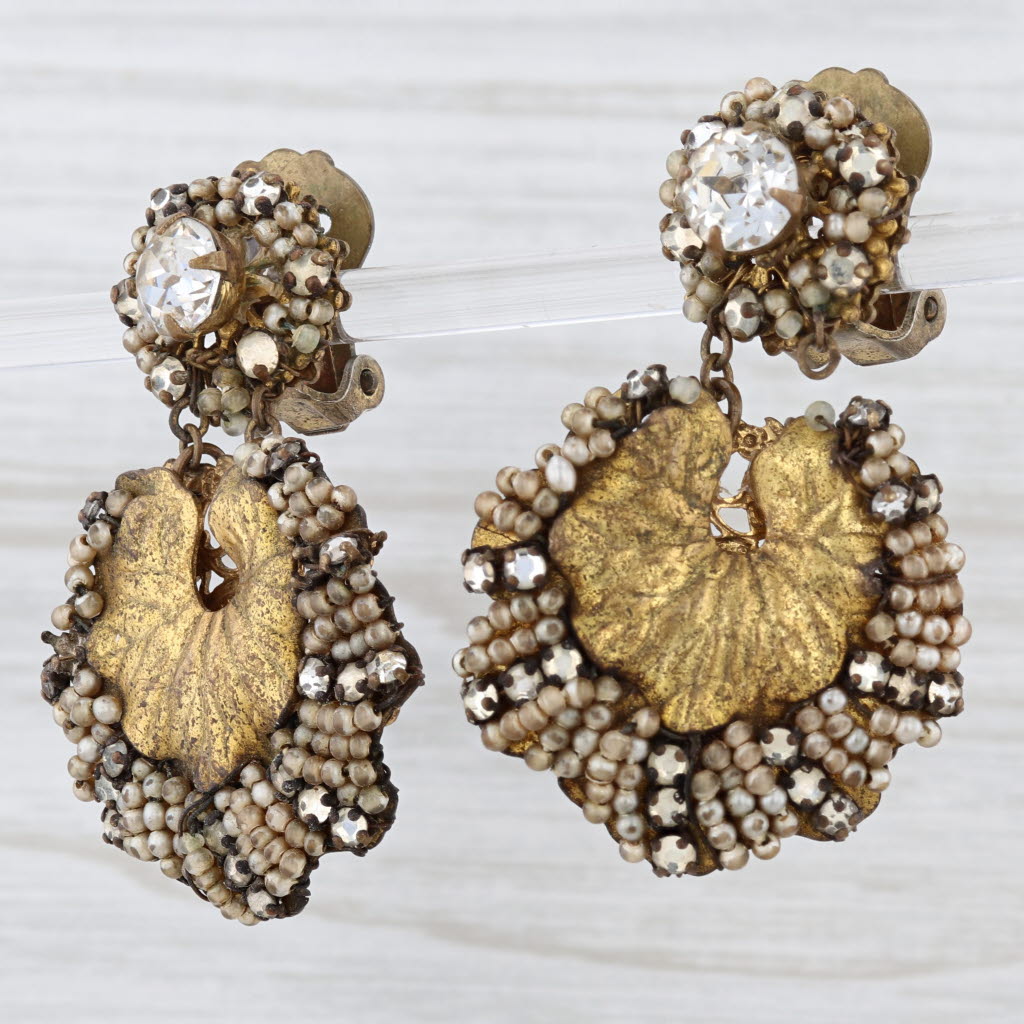 Vintage Miriam Haskell Leaf Dangle Clip On Earrings Rhinestone Faux Pearl As IS
