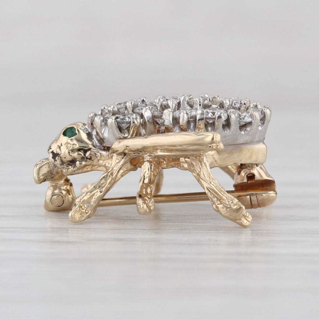 0.70ctw Diamond Cluster Bee Pin 14k Yellow Gold Emerald Eyes Artisan Signed