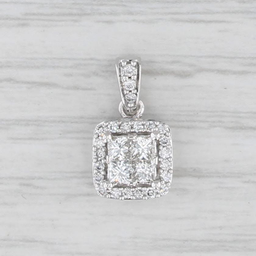 Light Gray 0.50ctw Princess Diamond Halo Pendant 14k White Gold Small Drop