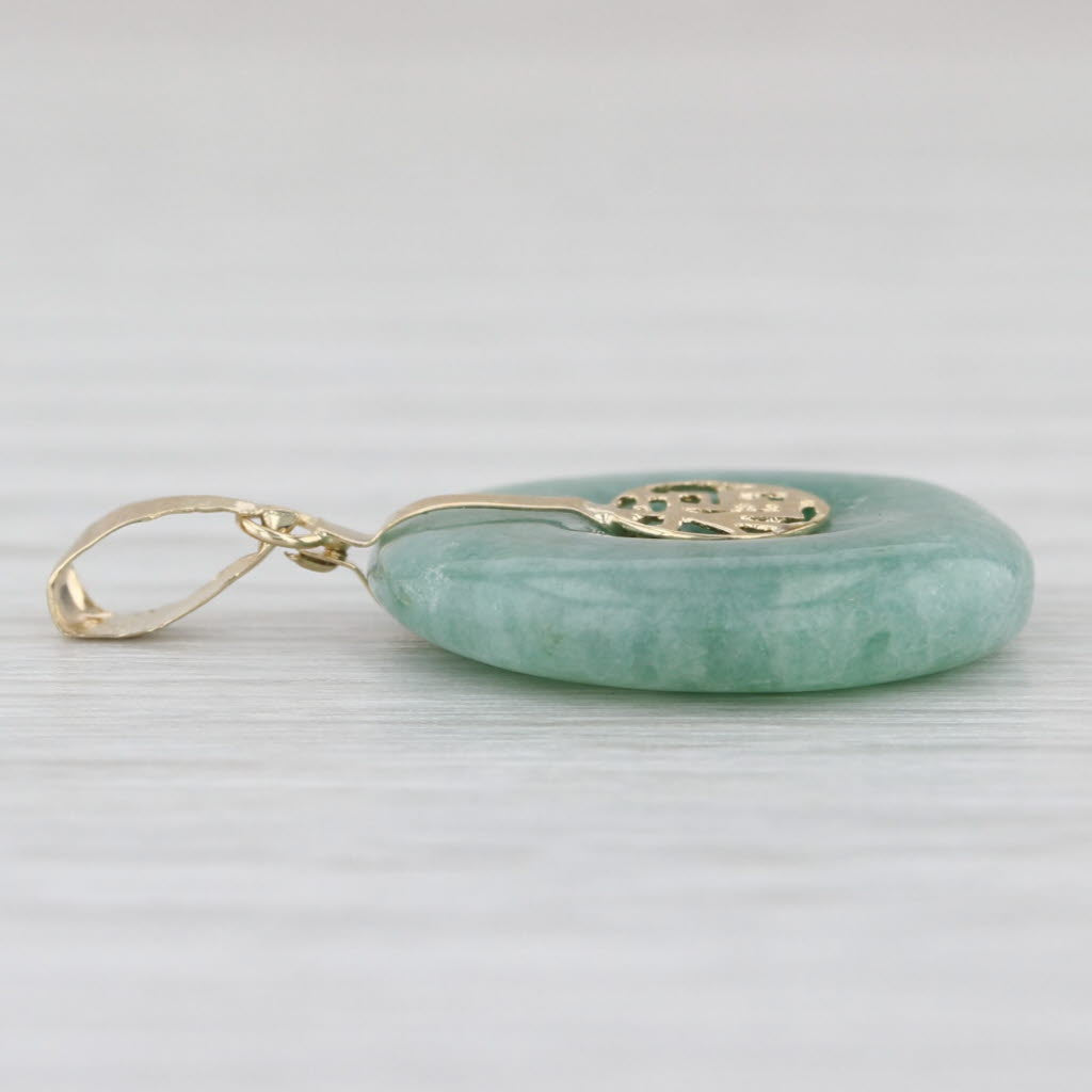 Green Jadeite Jade Hololith Torus Pendant 14k Yellow Gold Fu Wealth