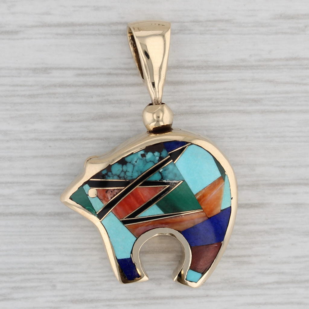 Gray Native American Stone Mosaic Bear Pendant 14k Yellow Gold Zuni Inlay