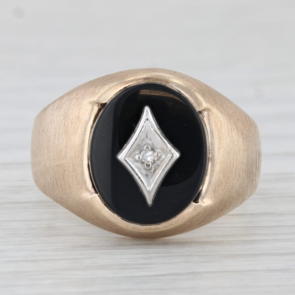 Light Gray Vintage Onyx Diamond Signet Ring 10k Yellow Gold Size 7.5