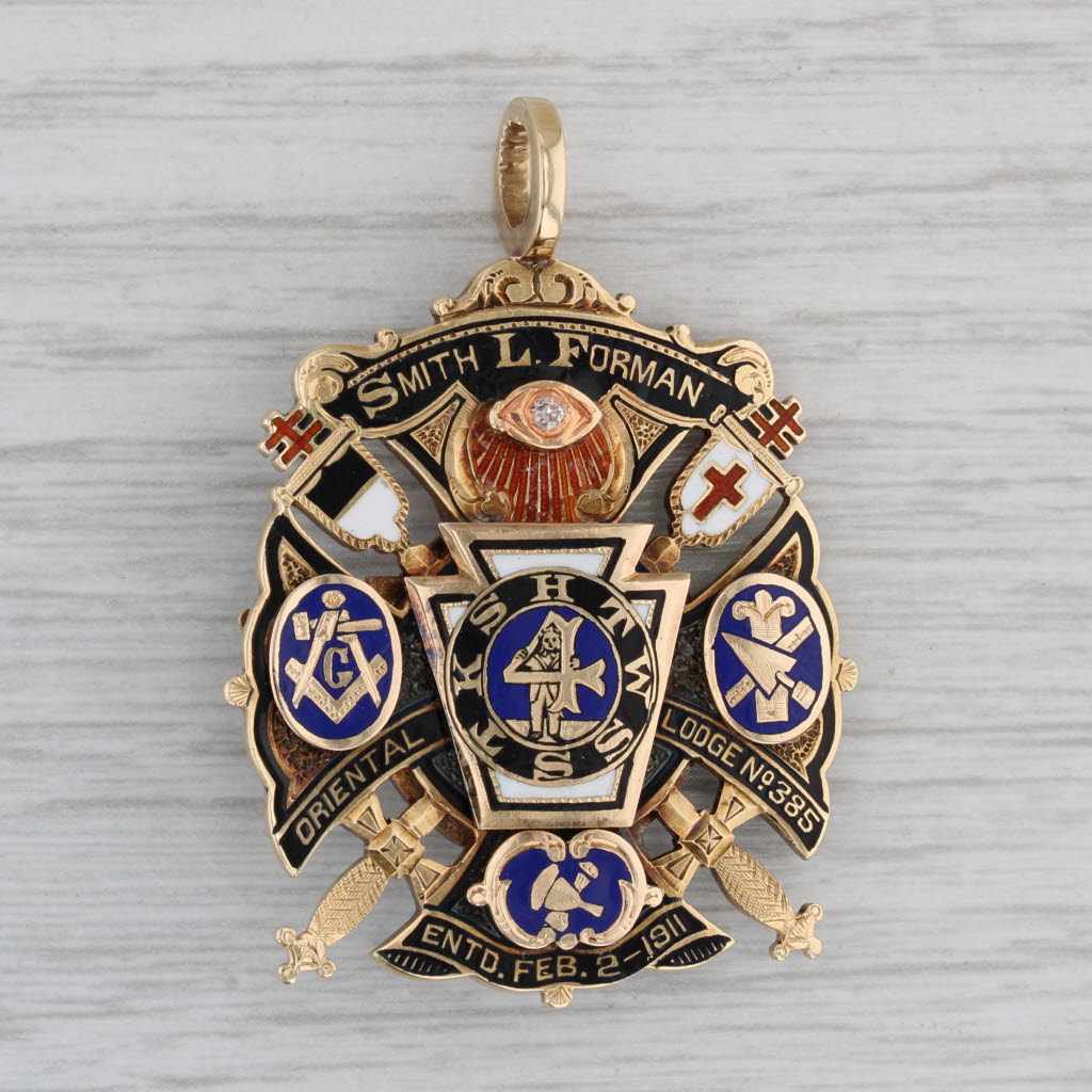 Gray Masonic Fob Medallion 14k Gold Lab Created Ruby Diamond York Rite Royal Arch