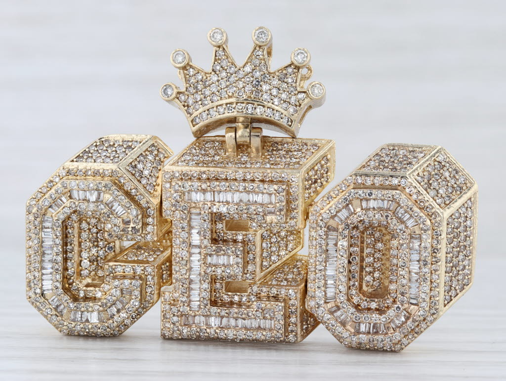 4.08ctw Diamond Crowned CEO Pendant 10k Yellow Gold Box Statement