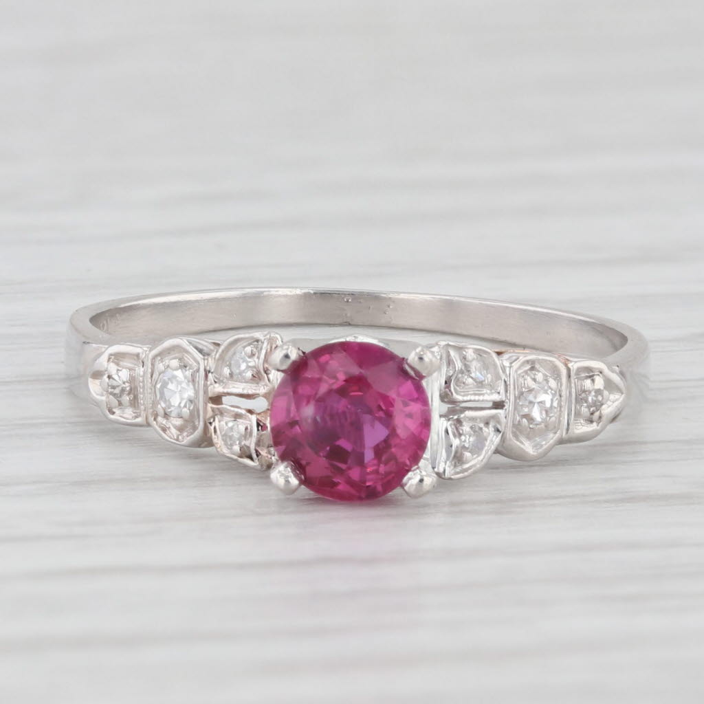 Light Gray Vintage Round Ruby Diamond Ring 900 Platinum Size 7.5 Engagement