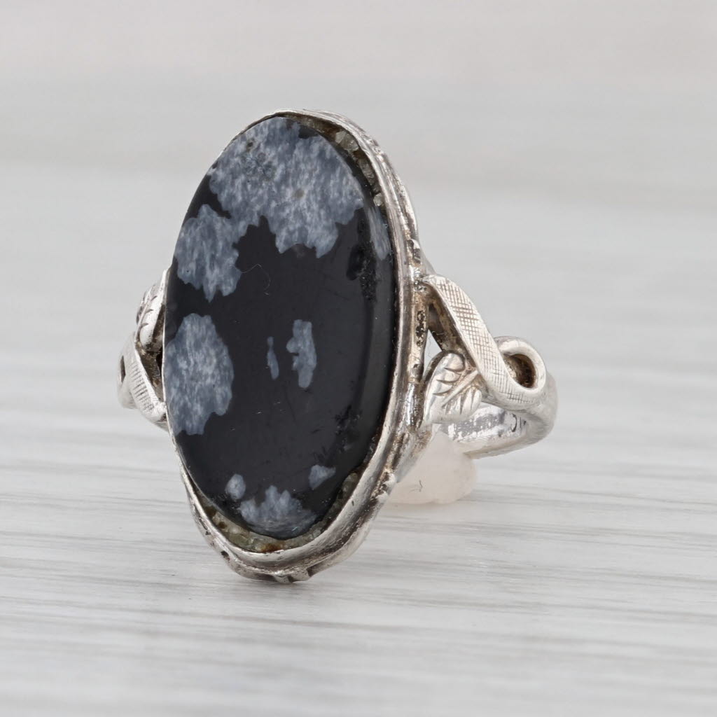 Vintage Obsidian Glass Snowflake Signet Ring Sterling Silver Size 4 Leaf Accents