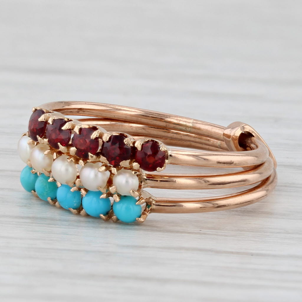 Light Gray Garnet Pearl Turquoise Antique 3-Band Harem Ring 14k Rose Gold Size 4.5