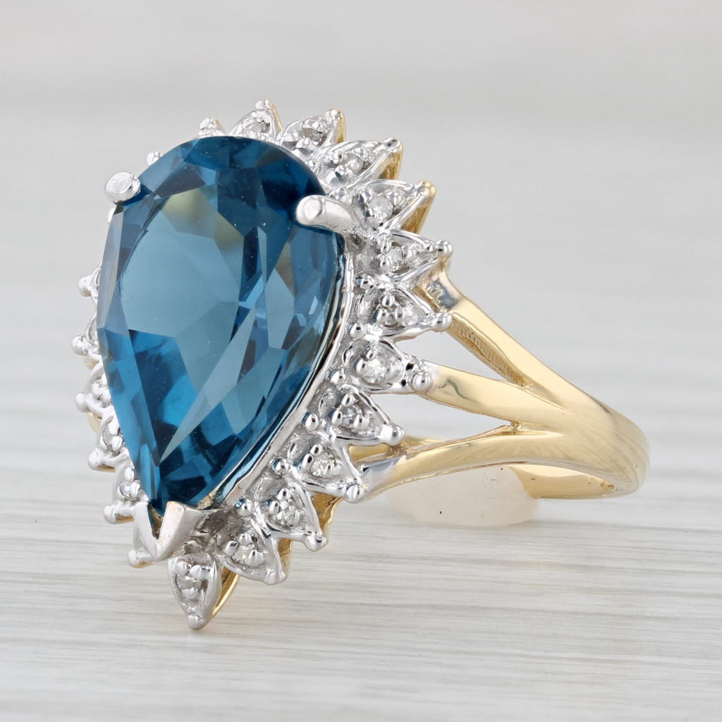 Light Gray 7.33ctw London Blue Pear Topaz Diamond Halo Ring 18k Yellow Gold Size 8