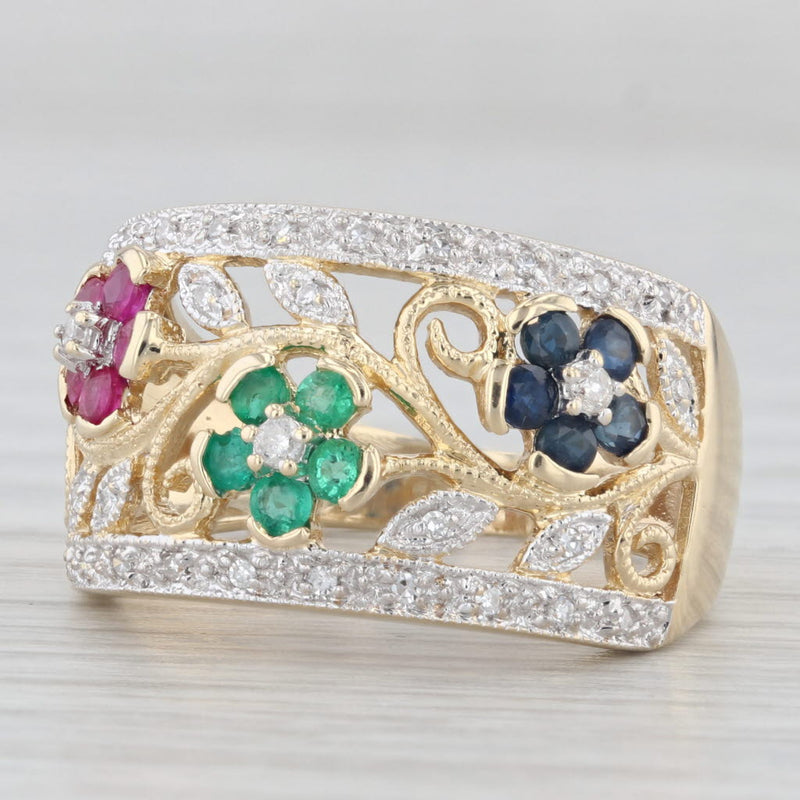 0.67ctw Gemstone Flower Ring 14k Gold Ruby Sapphire Emerald Diamond Size 8.5