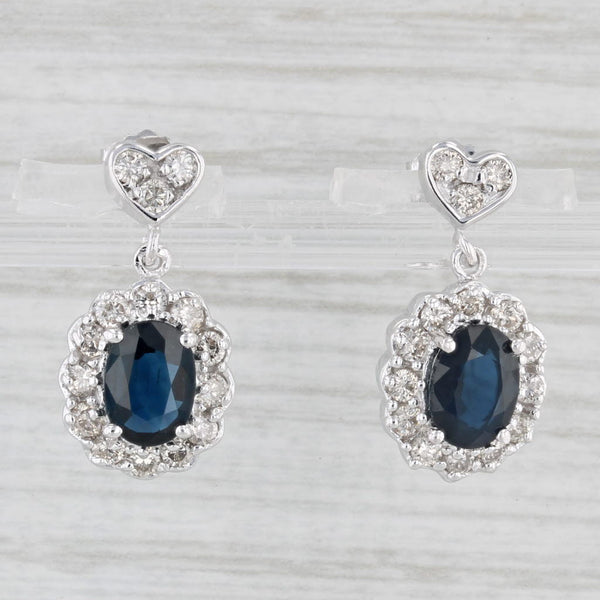 2.63ctw Blue Sapphire Diamond Halo Heart Dangle Earrings 14k White Gold