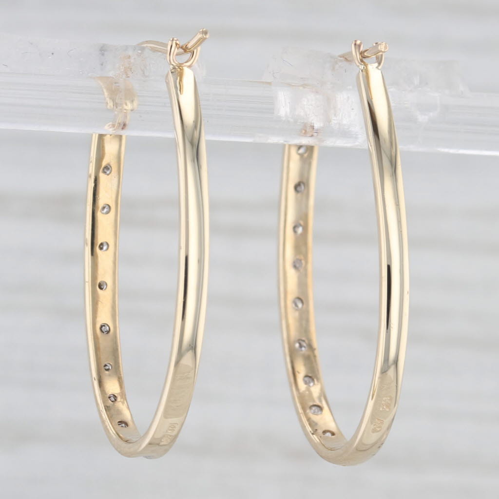 Light Gray Diamond Oval Hoop Earrings 10k Yellow Gold Snap Top Hoops