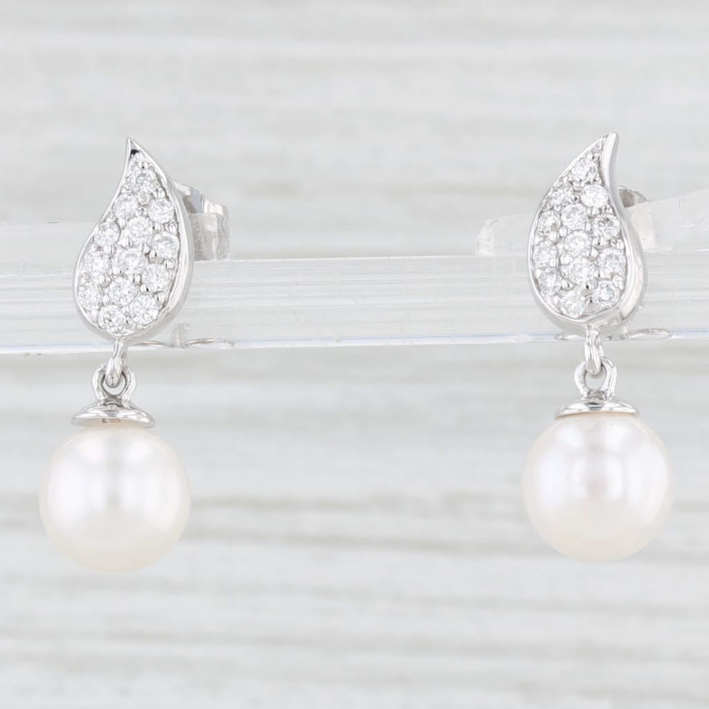 Light Gray New Cultured Pearl 0.20ctw Diamond Leaf Drop Earrings 14k White Gold