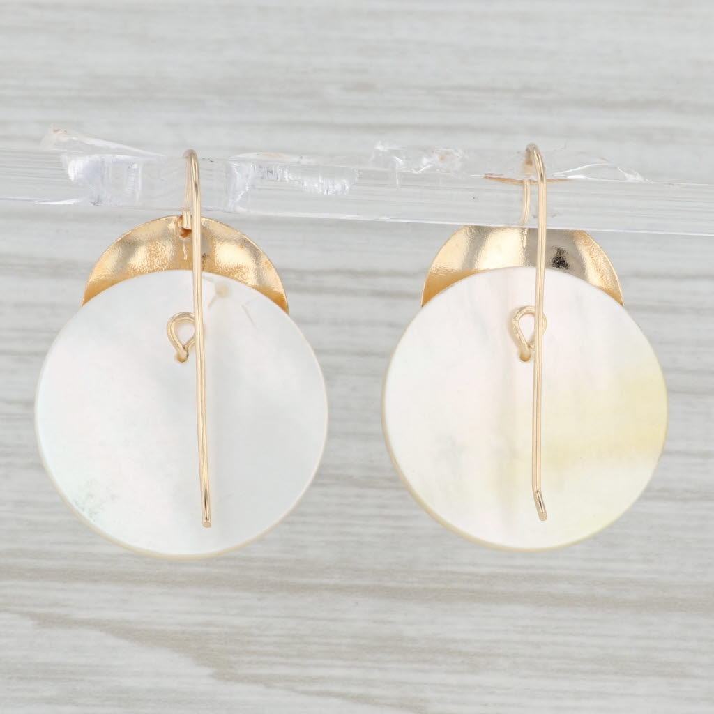 Light Gray Mother of Pearl Round Drop Earrings 14k Yellow Gold Hook Posts