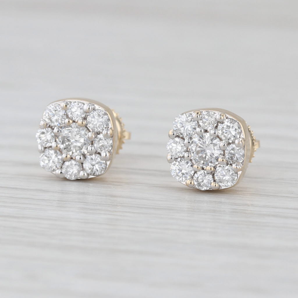 New 0.90ctw Diamond Cluster Stud Earrings 14k Yellow Gold Screw Backs Studs
