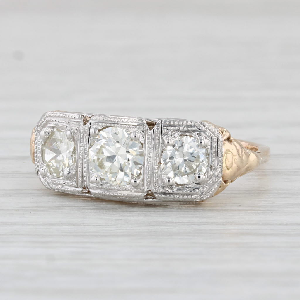 Light Gray Vintage 1.11ctw 3-Stone Diamond Ring 10k 14k Gold Size 8.25 Floral Filigree