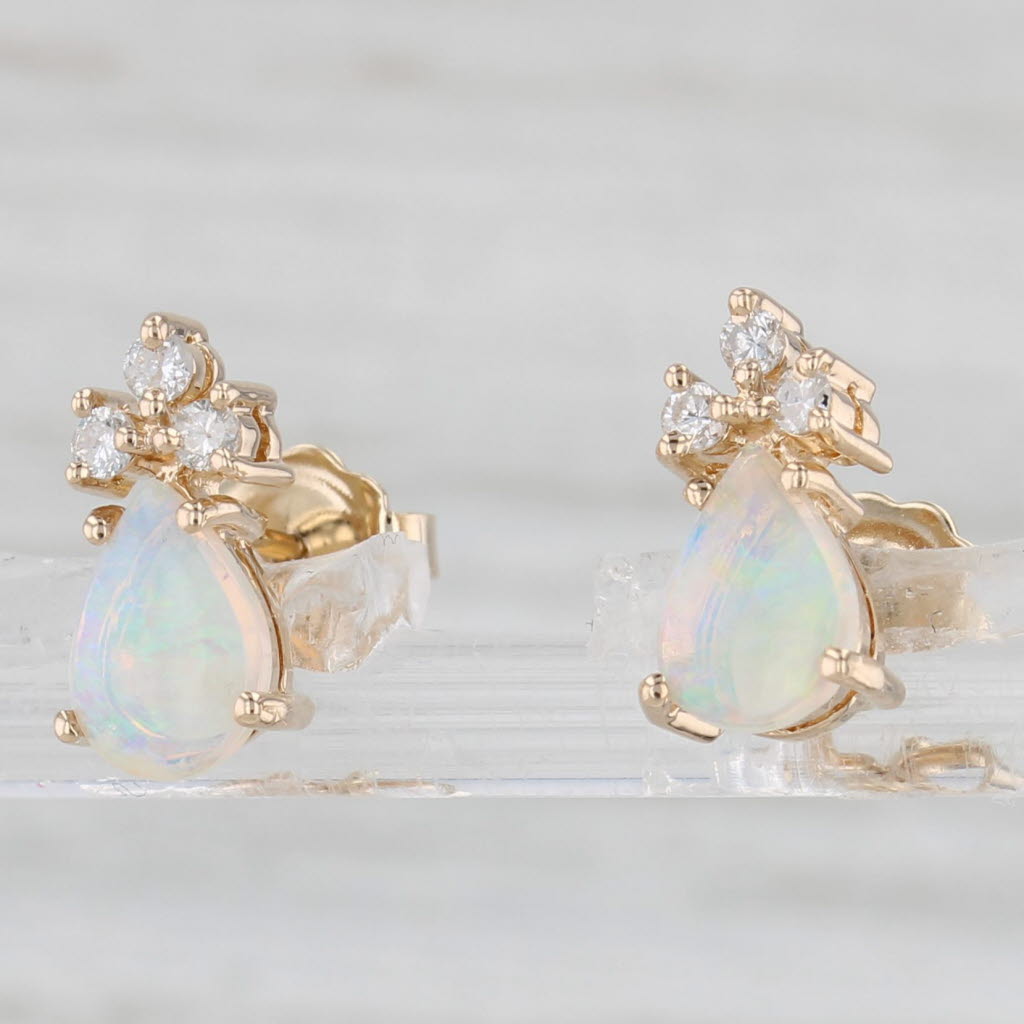 Light Gray Opal Diamond Teardrop Stud Earrings 14k Yellow Gold