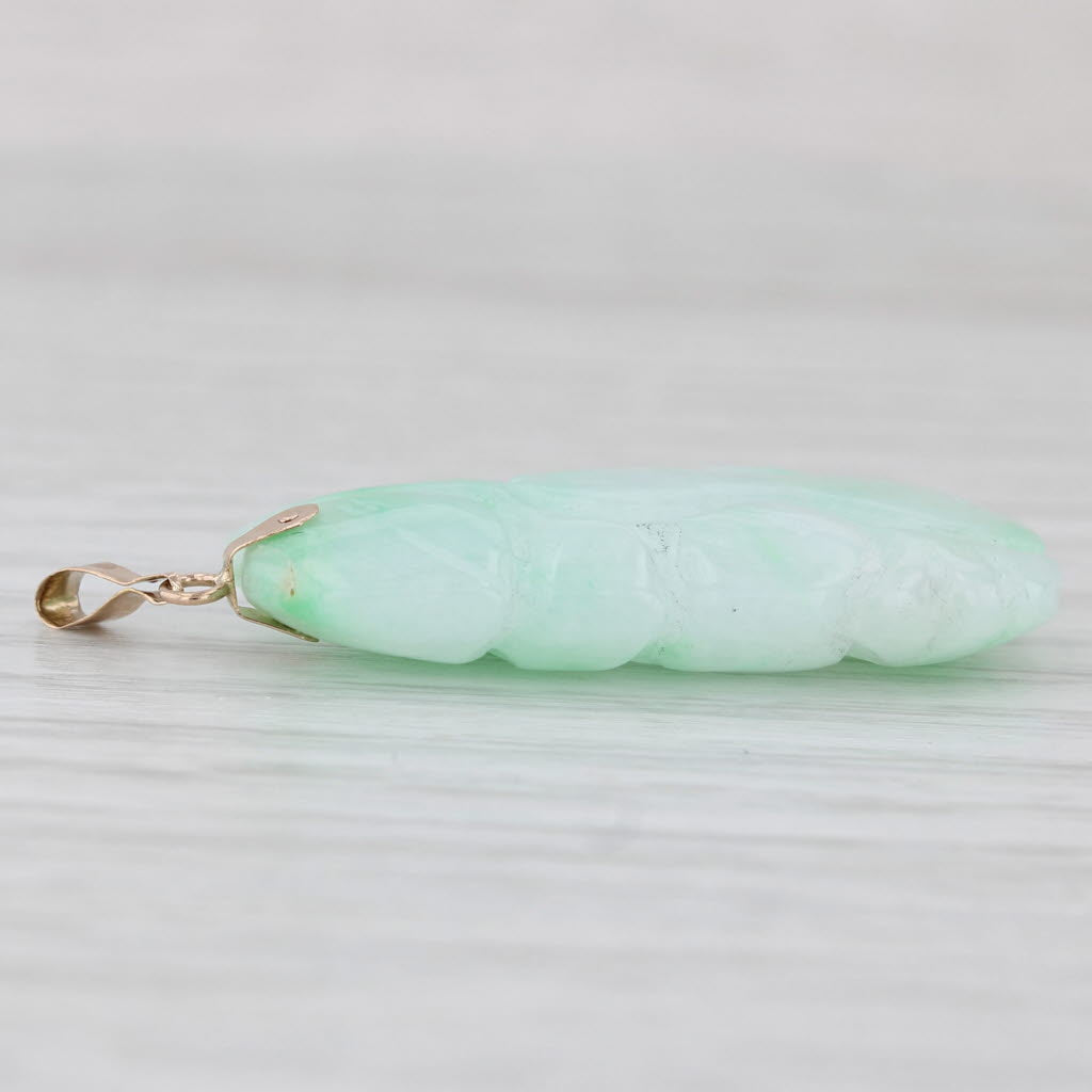 Light Gray Carved Marbled Green Jadeite Jade Pendant 14k Yellow Gold