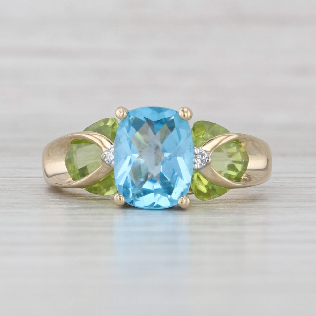 Light Gray 5.40ctw Blue Topaz Peridot Diamond Ring 14k Yellow Gold Size 7