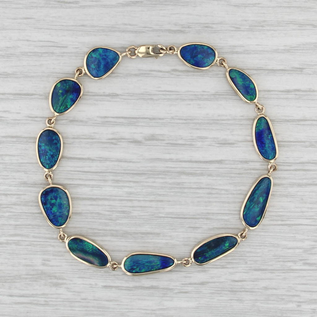 7.5" Blue Green Boulder Opal Bracelet 14k Yellow Gold