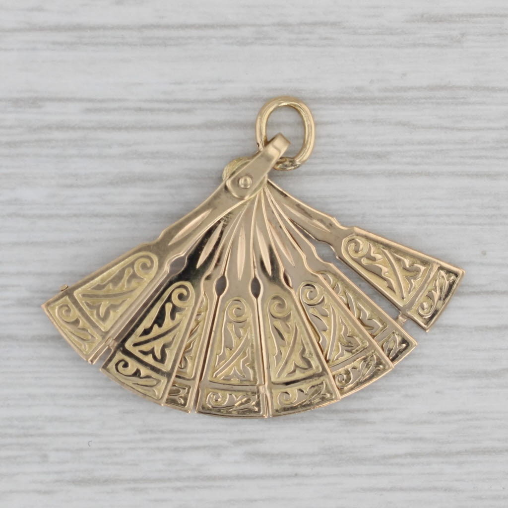 Gray Vintage Fan Charm 18k Yellow Gold Folds Unfolds Pendant