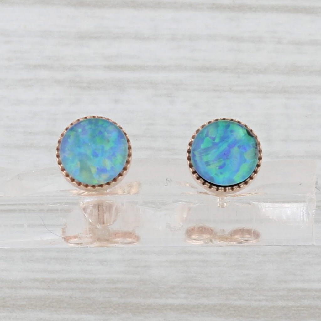 Light Gray Blue Green Opal Stud Earrings 9k Yellow Gold Roud Cabochon Bezel Set