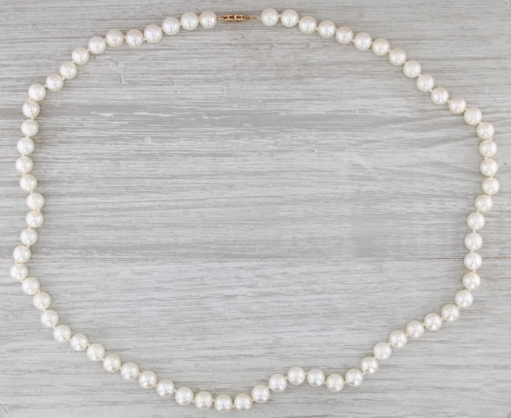 Cultured Pearl Single Strand Bead Necklace 14k Yellow Gold Clasp 7.1-7.4mm 22.5"