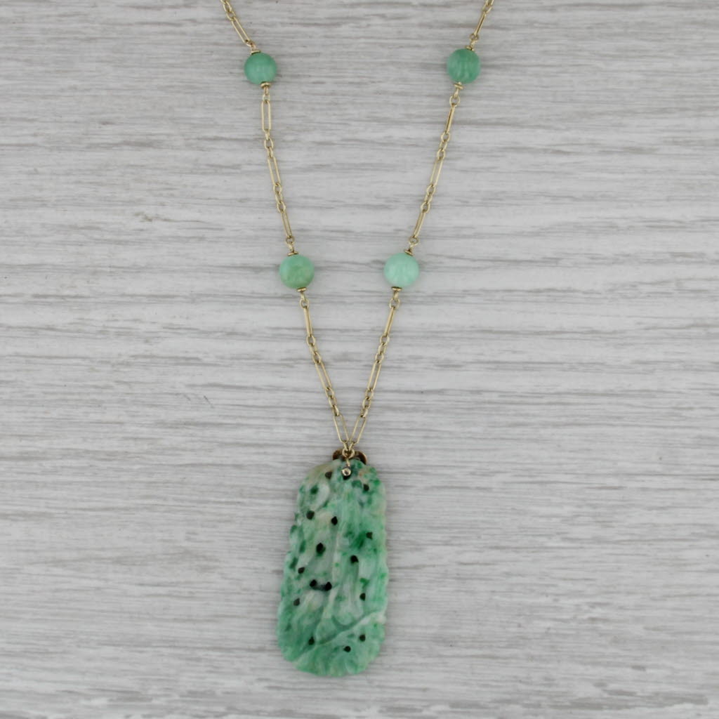 Green Carved Jade Lariat Pendant Necklace 14k Yellow Gold 19" Figaro Chain