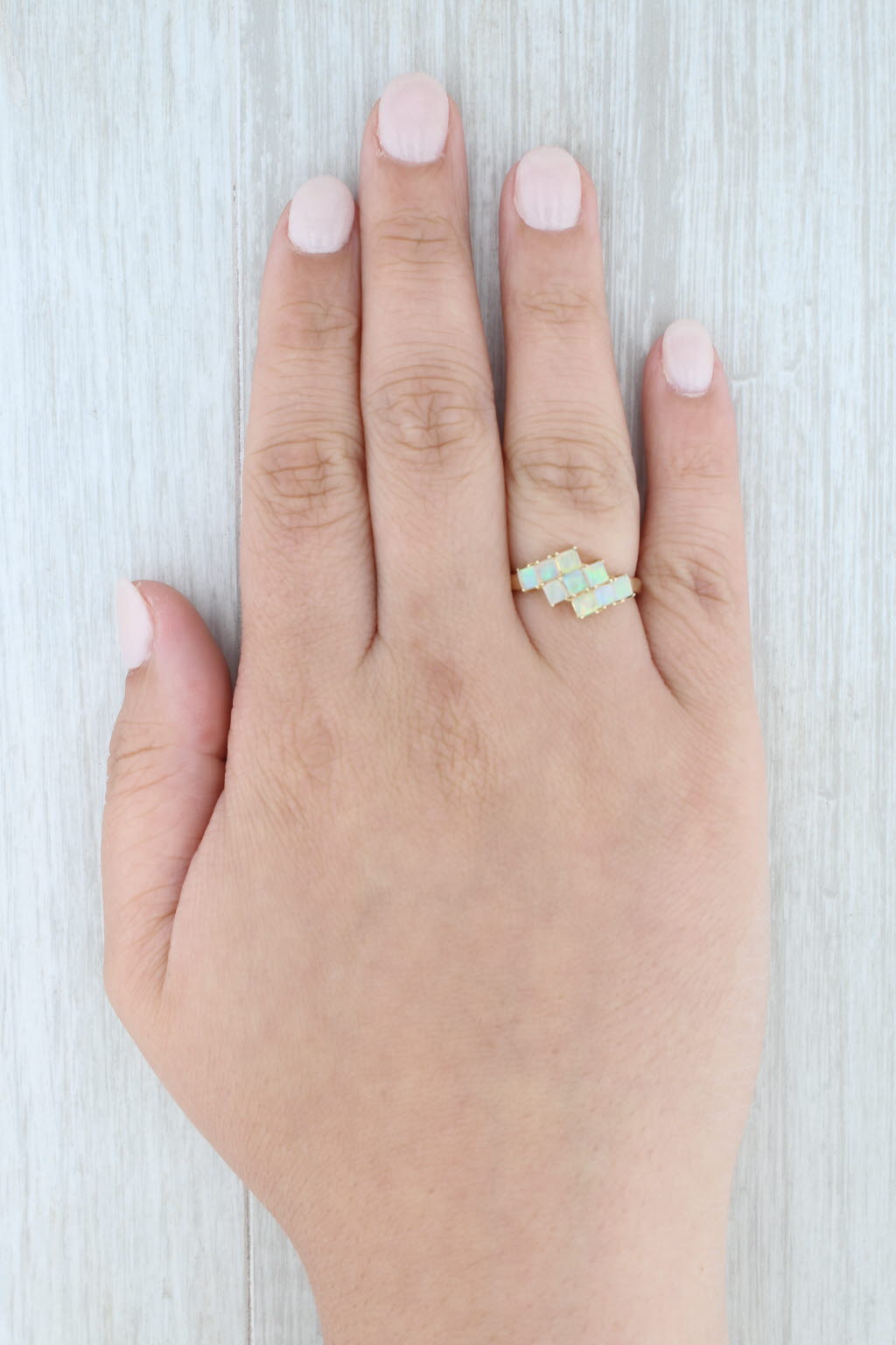 Light Gray Opal Cabochon Bypass Ring 14k Yellow Gold 3-Row 3-Stone Size 6.75