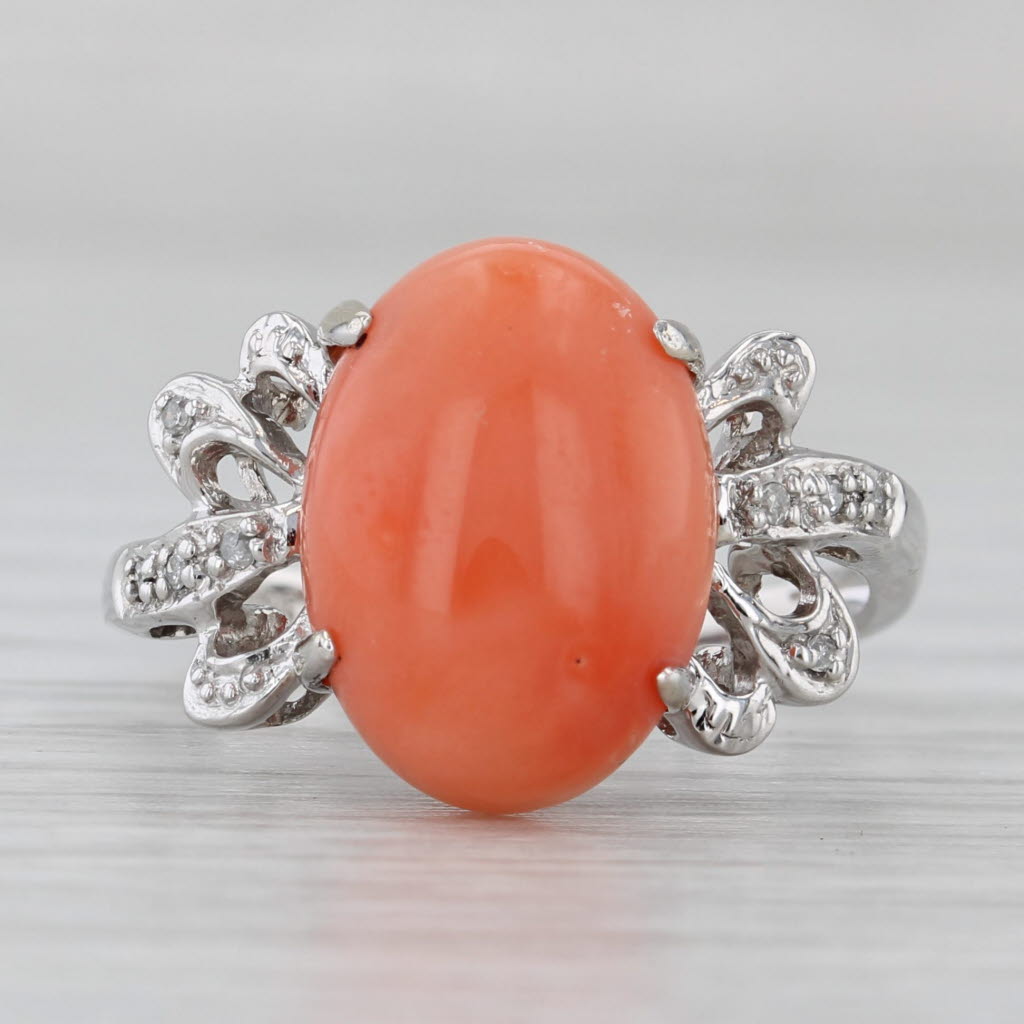 Gray Coral Oval Cabochon Diamond Ring 14k White Gold Size 7