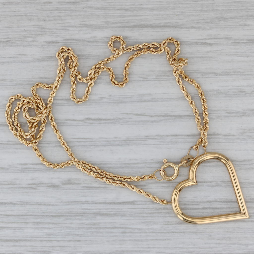 Gray Heart Station Pendant Necklace 14k Yellow Gold 18" Rope Chain