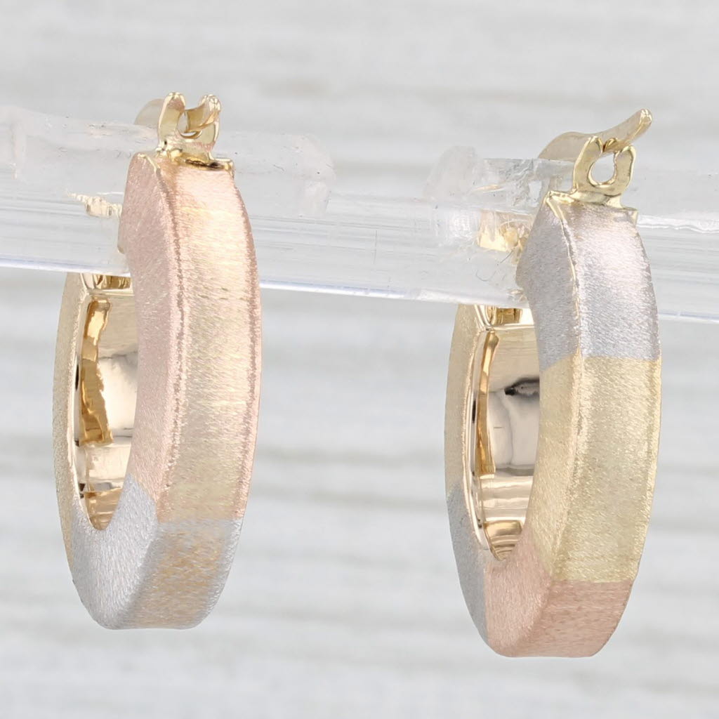 Light Gray Brushed Tri-Toned Gold Hoop Earrings 14k Yellow White Rose Gold Round Hoops