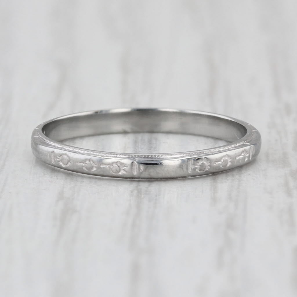 Art Deco Floral Engraved Wedding Band 18k White Gold Stackable Ring Size 6