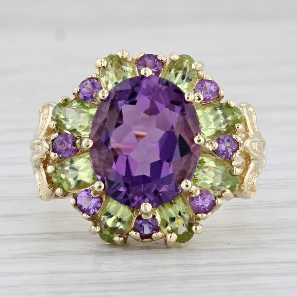 Light Gray 6.70ctw Amethyst Peridot Cocktail Ring 10k Yellow Gold Size 7.75