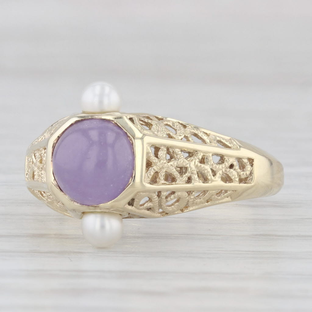 Light Gray Amethyst Cabochon Cultured Pearls Ring 14k Yellow Gold Filigree Size 9