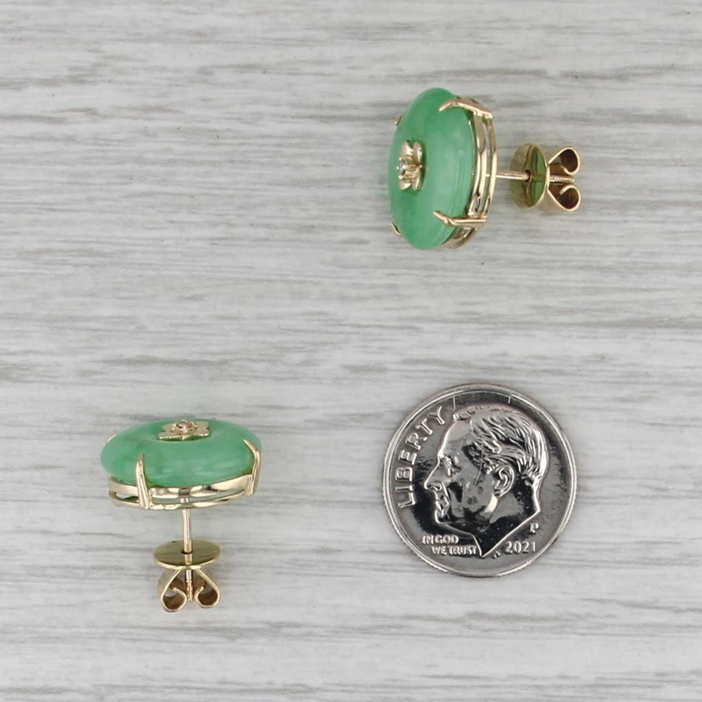 Green Jadeite Jade Diamond Flower Button Stud Earrings 14k Yellow Gold Studs