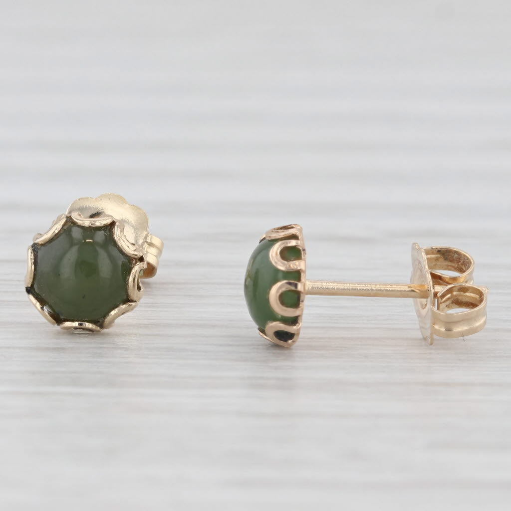 Light Gray Green Nephrite Jade Stud Earrings 14k Yellow Gold Round Cabochon Solitaires