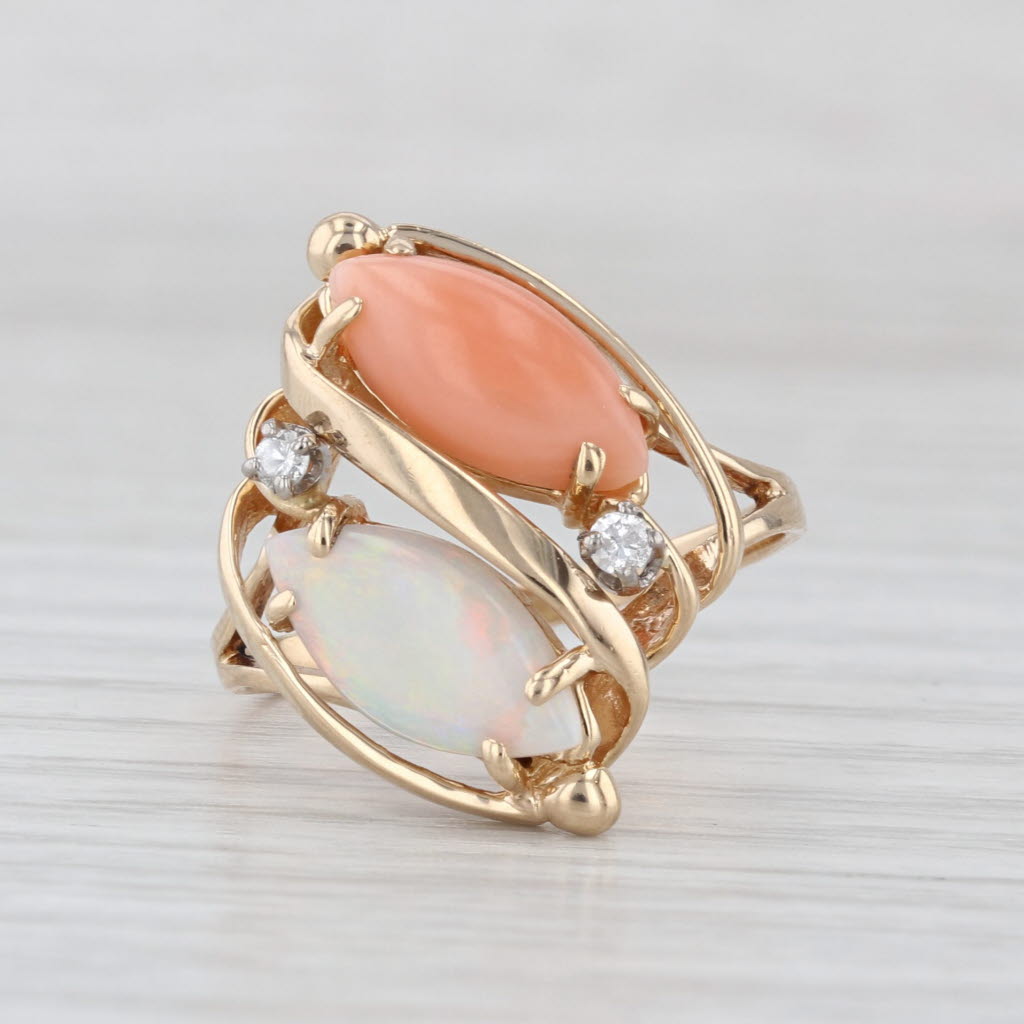 Opal Coral Navette Cabochon Diamond Ring 14k Yellow Gold Size 8