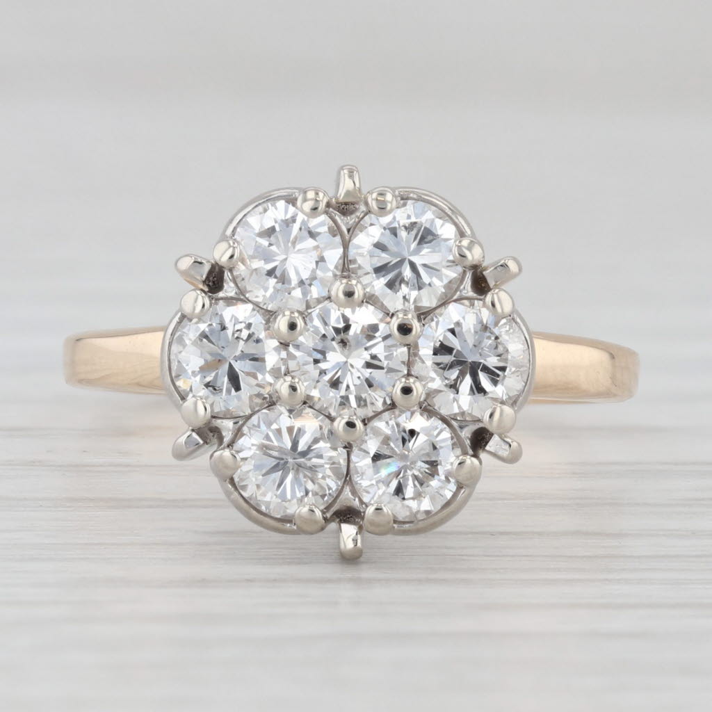 Light Gray 1.40ctw Diamond Cluster Ring 14k Yellow White Gold Vintage Engagement Size 7.5