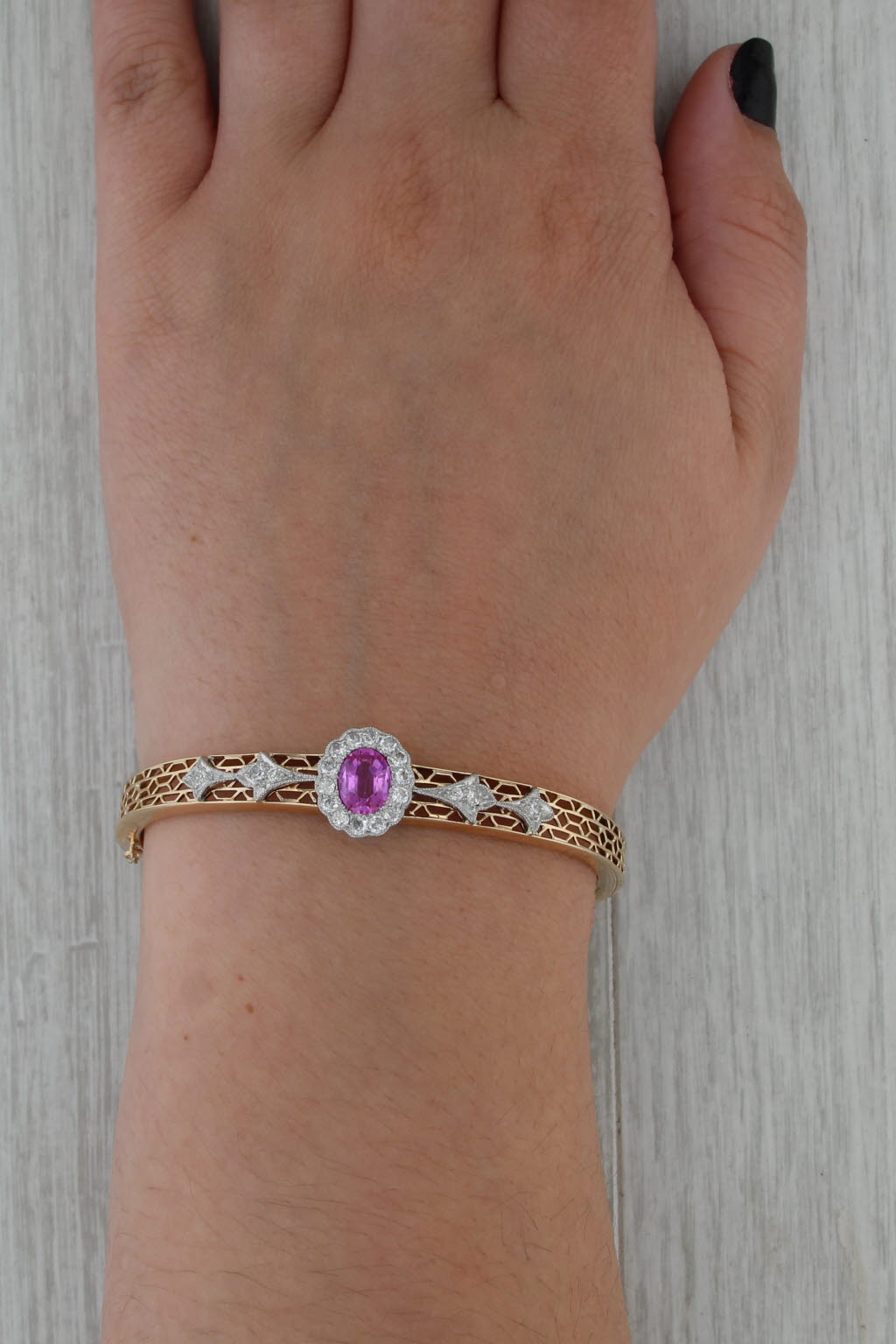 GIA Pink Lab Grown Sapphire Diamond Halo Bangle Bracelet 14k Yellow Gold 6.75"