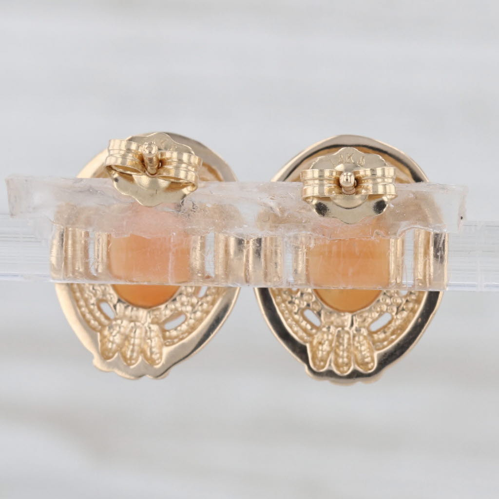 Oval Carved Shell Cameo Stud Earrings 14k Yellow Gold Figural Studs