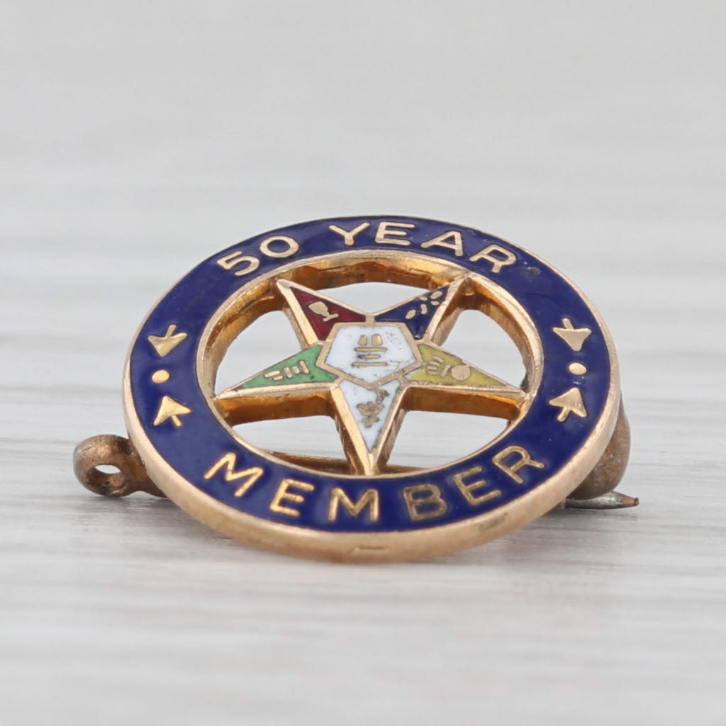 Light Gray Order Eastern Star 50 Year Member Pin 10k Gold Enamel OES Lapel