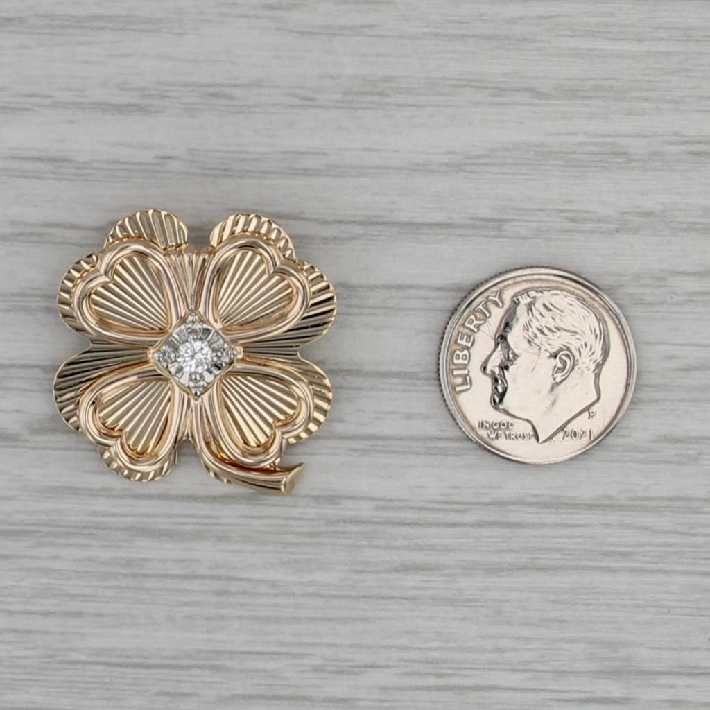 Shamrock Brooch 14k Yellow Gold 0.14ctw Diamond Four Leaf Clover Pin