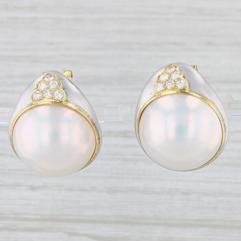 Light Gray 0.60ctw Diamond Mabe Pearl Statement Earrings 18k Gold Pierced Omega Backs