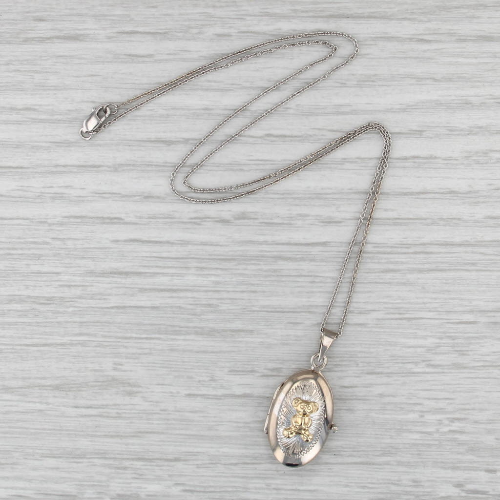 Teddy Bear Locket Pendant Necklace 14k Yellow White Gold 17.25 Cable Chain