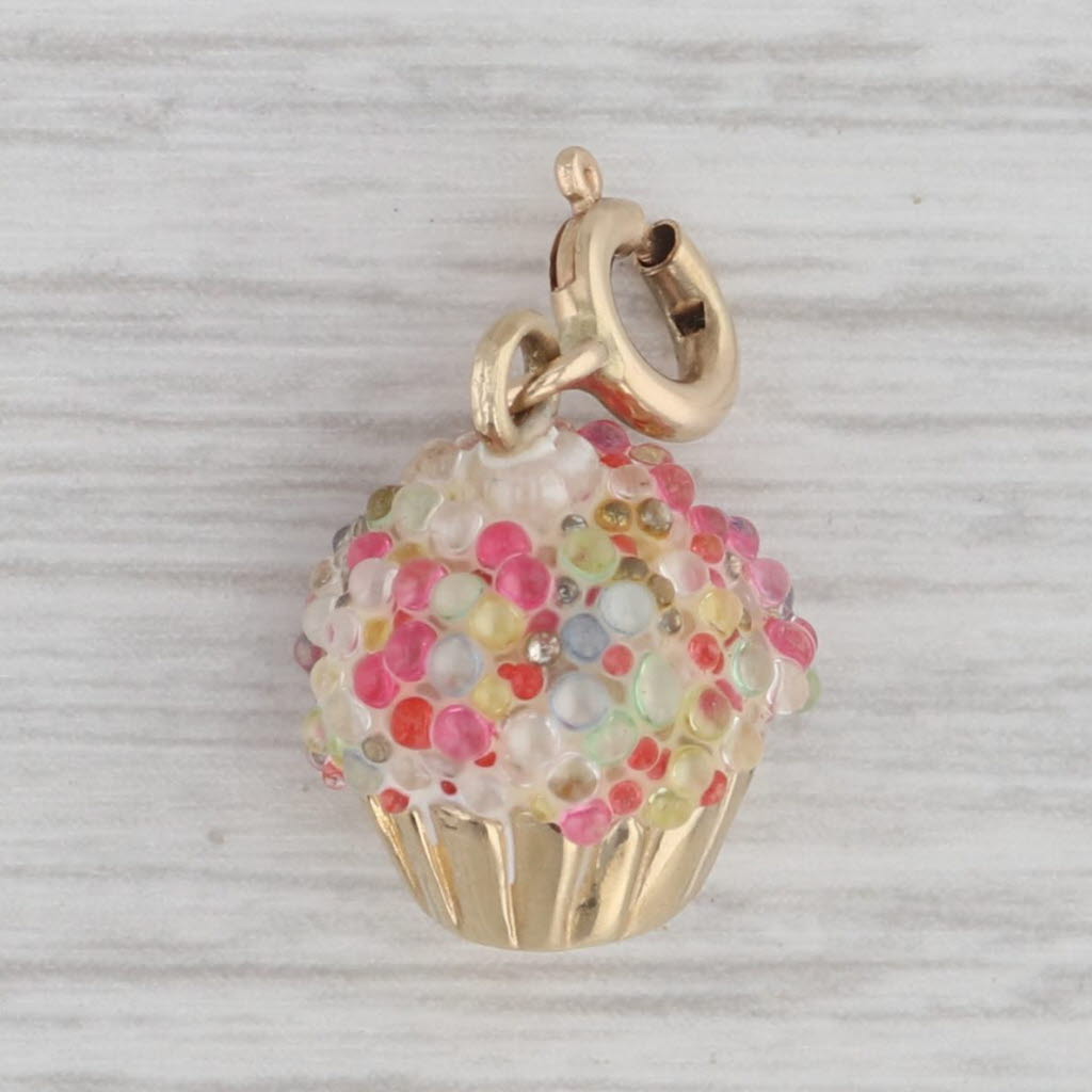 Gray Cupcake Charm 14k Yellow Gold Glass Food Dessert Pendant